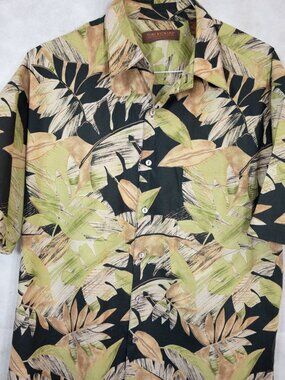 Tori Richard Honolulu Black Gold Huge Leaves Cotton Lawn Hawaiian Camp Shirt L
